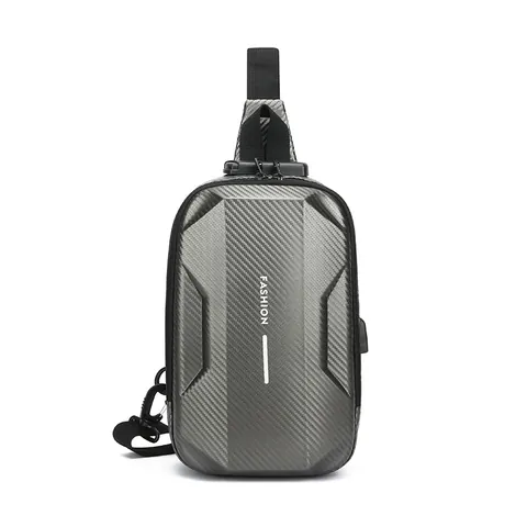 Men Hard Shell Anti-Theft Chest Bag Carbon Fiber Texture Waterproof Sling Bag With USB Charging Port Combination Lock