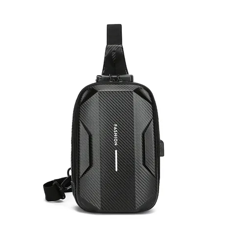 Men Hard Shell Anti-Theft Chest Bag Carbon Fiber Texture Waterproof Sling Bag With USB Charging Port Combination Lock