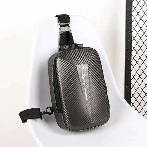 Men's Hard Shell Anti-Theft Chest Bag Carbon Fiber Texture Crossbody Sling Bag With USB Port Waterproof Shoulder Travel Bag