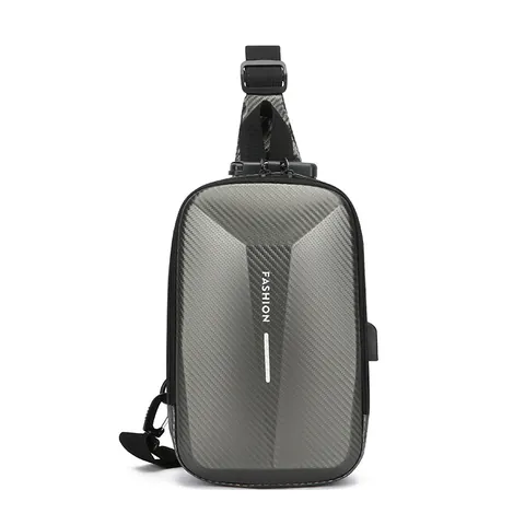 Men Hard Shell Chest Bag Anti-theft Combination Lock USB Charging Sling Bag Carbon Fiber Texture Waterproof Shoulder Bag