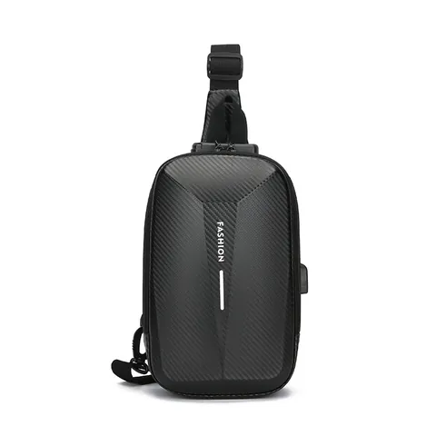 Men Hard Shell Chest Bag Anti-theft Combination Lock USB Charging Sling Bag Carbon Fiber Texture Waterproof Shoulder Bag
