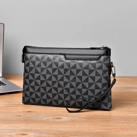Men's Business Casual PU Leather Clutch Bag Geometric Triangle Pattern Waterproof Handbag With Wristlet Large Capacity Purse