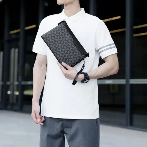 Men's Business Casual PU Leather Clutch Bag Geometric Triangle Pattern Waterproof Handbag With Wristlet Large Capacity Purse