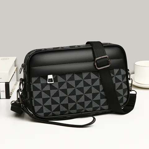Borsa Messenger da Uomo Business Casual in Pelle PU Piccola Borsa a Tracolla con Motivo a Griglia Geometrica Impermeabile per il Viaggio