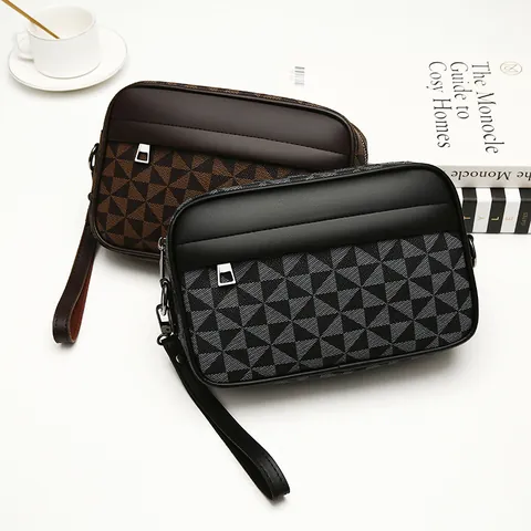 Borsa Messenger da Uomo Business Casual in Pelle PU Piccola Borsa a Tracolla con Motivo a Griglia Geometrica Impermeabile per il Viaggio