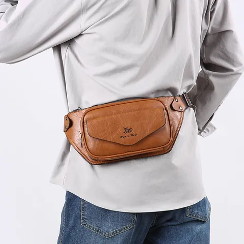 Men's Retro PU Leather Waist Bag Large Capacity Multi-Functional Crossbody Chest Bag For Outdoor Sports Casual Travel Work