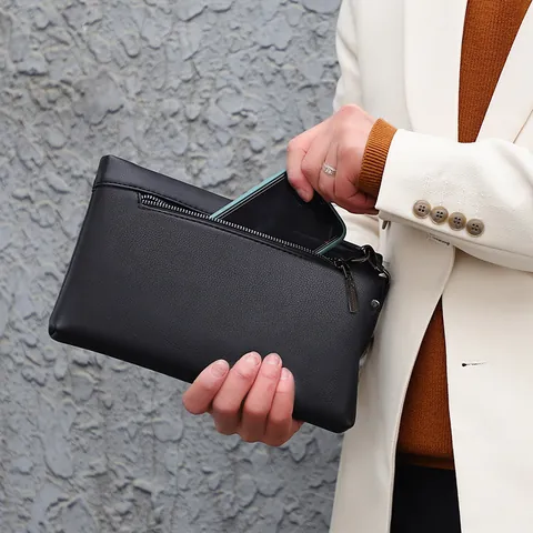 Business Men PU Leather Clutch Bag Large Capacity Envelope Handbag With Wrist Strap Kangaroo Logo Zipper Fashion Wallet
