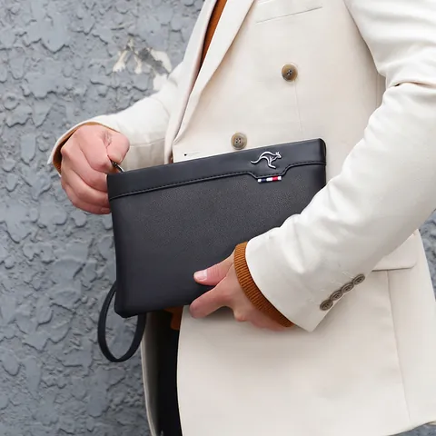Business Men PU Leather Clutch Bag Large Capacity Envelope Handbag With Wrist Strap Kangaroo Logo Zipper Fashion Wallet