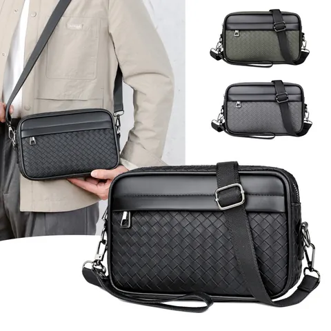 Borsa a Tracolla da Uomo in Pelle PU Intrecciata Borsa Messenger Impermeabile Urban Casual Business Borsa a Spalla Tinta Unita Piccola Custodia da Viaggio