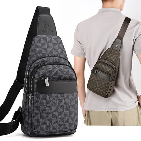 Men Fashion PU Leather Chest Bag Waterproof Geometric Monogram Print Crossbody Sling Bag Multi Layer Casual Shoulder Bag For Men