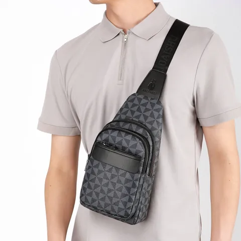 Men Fashion PU Leather Chest Bag Waterproof Geometric Monogram Print Crossbody Sling Bag Multi Layer Casual Shoulder Bag For Men