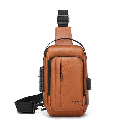 Sac de Poitrine pour Homme en Cuir PU Antivol Serrure à Code Imperméable Sac à Bandoulière Avec Port USB Décontracté Sling Bag