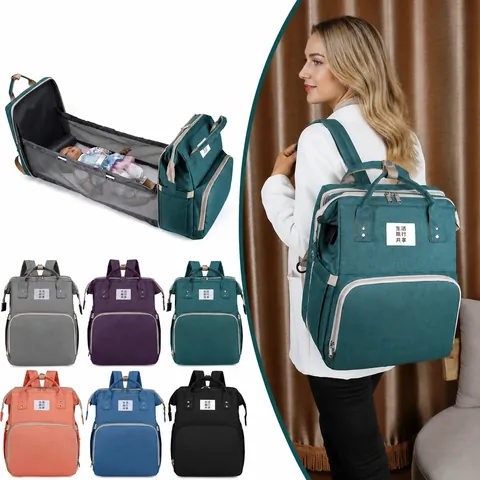 Large Capacity Multifunctional Diaper Backpack With Foldable Crib Waterproof Oxford Diaper Bag With USB Port For Women