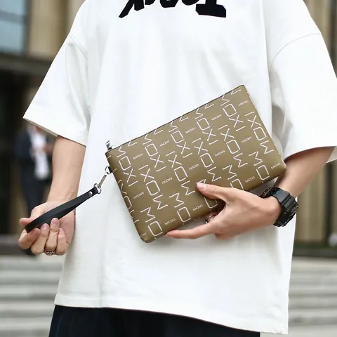 Fashion Letter Print Business Men's Clutch Bag Large Capacity PU Leather Monogram Handbag With Detachable Wrist Strap