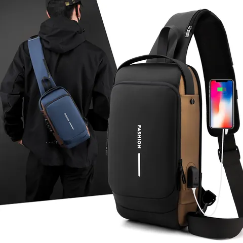 Sac de Poitrine Antivol pour Hommes Avec Port de Chargement USB Sac à Bandoulière Étanche pour Voyage Affaires Décontracté Mode