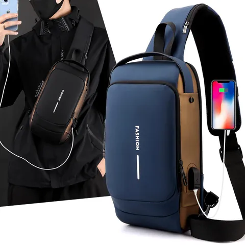 Sac de Poitrine Antivol pour Hommes Avec Port de Chargement USB Sac à Bandoulière Étanche pour Voyage Affaires Décontracté Mode