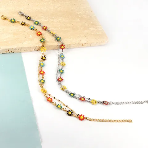 Edelstahl Doppelschichtige Fußkette Für Damen Bunte Gänseblümchen Blume Böser Blick Stern Mond Anhänger Einstellbare Vergoldete Strand Schmuck