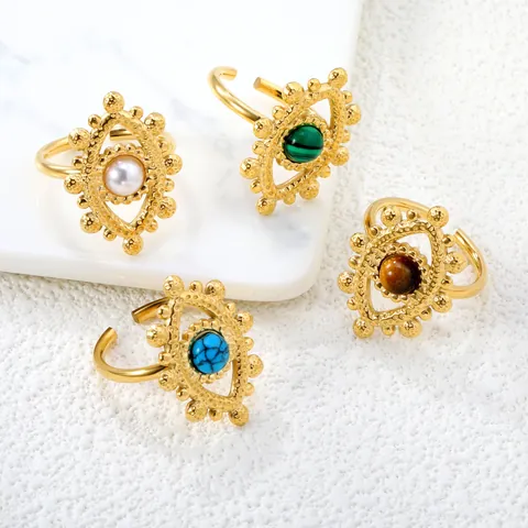 Bohemian Stainless Steel Gold Plated Open Ring For Women Vintage Evil Eye Sunflower Turquoise Artificial Pearl Adjustable Fashion Jewelry Finger Ring