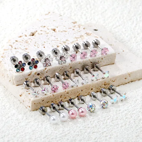 Stainless Steel Stud Earrings For Women Minimalist Small Zirconia Artificial Pearl Star Heart Ear Bone Nails Dainty Jewelry Accessory