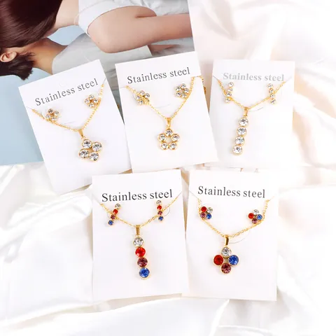 Fashion Stainless Steel Jewelry For Women Gold Silver Plated Round Cubic Zirconia Flower Pendant Necklace And Stud Earrings