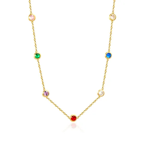 304 Stainless Steel Colorful Round Zirconia Pendant Necklace For Women Gold Plated Minimalist Bezel Set Rainbow Gemstone Jewelry