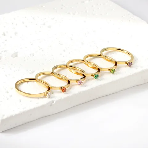 Minimalist 18K Gold Plated Stainless Steel Ring For Women Fashion Round Single Zirconia Band Finger Ring Jewelry Gift