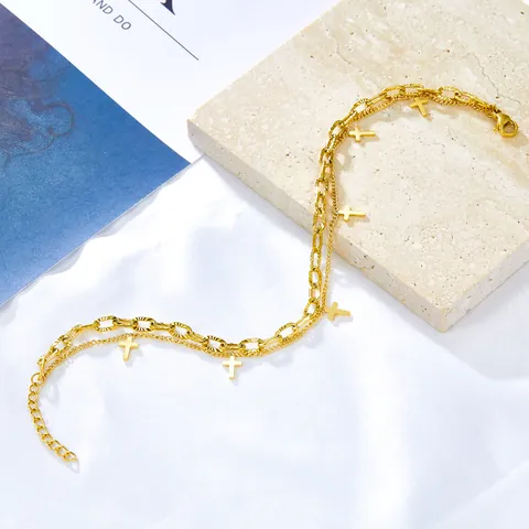 Cavigliera a Doppio Strato in Acciaio Inossidabile Con Pendaglio a Croce Per Donna Oro Argento Placcato Gioielli Da Piede Spiaggia Regalo Estivo