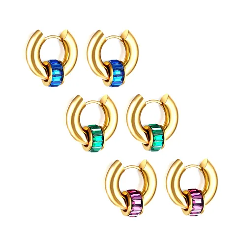 Retro Stainless Steel Hoop Earrings With Gold Plated Baguette Cut Zirconia Geometric Huggie Earrings For Women Fashion Jewelry