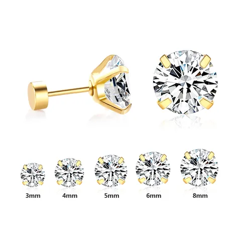 Boucles d'Oreilles Clous en Acier Inoxydable Zirconium Rond Vis Arrière Or Argent Bijoux Minimalistes Femme