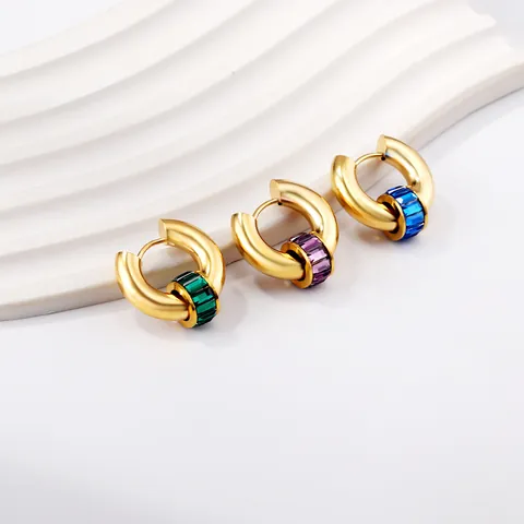 Retro Stainless Steel Hoop Earrings With Gold Plated Baguette Cut Zirconia Geometric Huggie Earrings For Women Fashion Jewelry