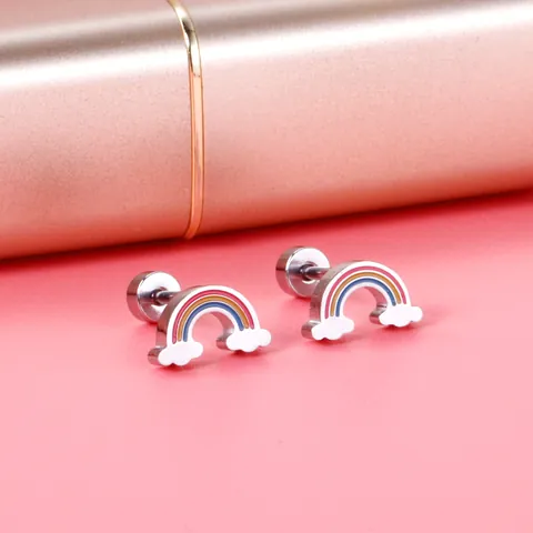 Cute Stainless Steel Cartoon Rainbow Strawberry Duck Rabbit Penguin Daisy Stud Earrings For Women Kids Gold Silver Plated Screw Back Earrings