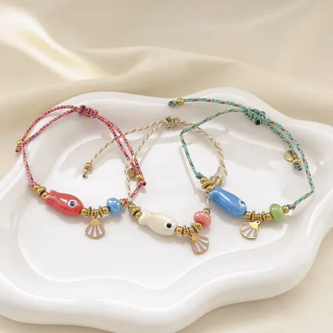 Bohemian Woven Bracelet For Women 304 Stainless Steel 18K Gold Plated Ceramic Fish Shell Pendant Adjustable Ocean Jewelry