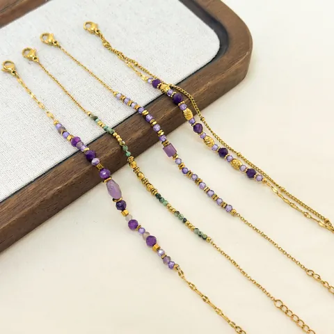 18K Gold Plated 304 Stainless Steel Bracelet For Women Fashion Natural Stone Purple Beaded Chain Bracelet Exquisite Jewelry Gift