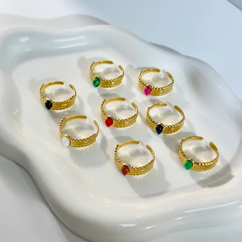 18K Gold Plated 304 Stainless Steel Open Adjustable Ring Vintage Water Drop Natural Stone Teardrop Finger Ring For Women