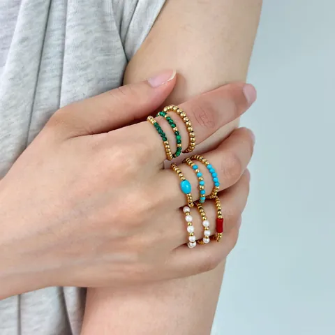Bohemian 304 Stainless Steel Beaded Ring 18K Gold Plated Natural Stone Faux Artificial Pearl Stackable Ring For Women Fashion Jewelry