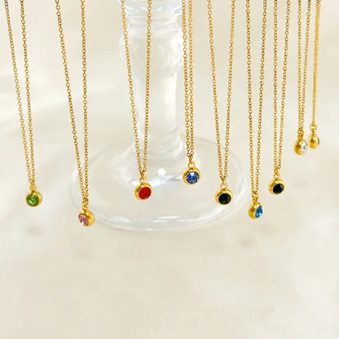 304 Edelstahl 18K Gold PVD Beschichtet Rund Geburtsstein Anhänger Halskette Wasserdicht Hypoallergen Schmuck Für Damen Geschenk