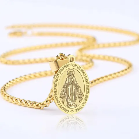 18K Gold Plated Stainless Steel Miraculous Medal Virgin Mary Pendant Necklace For Men Women Religious Oval Wheat Chain Necklace Jewelry Gift