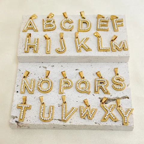 DIY Capital Letter Pendants Stainless Steel With Artificial Pearl Inlay PVD Gold Plated Fashion Jewelry Accessory Charms Pendant Only