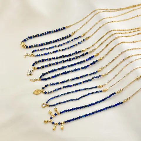 Lapis Lazuli Beaded Necklace For Women 18K Gold Plated 304 Stainless Steel Pendant Necklace Bohemian Fashion Jewelry