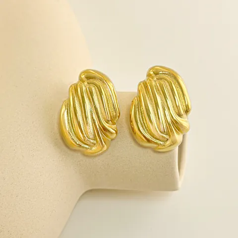 18K Verguld 304 Roestvrij Staal Geribbelde Textuur Oorknopjes Voor Vrouwen Vintage Geometrische Hart C-Vormige Holle Oorbellen Waterdichte Sieraden