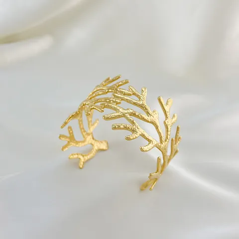 18K PVD Gold Plated 304 Stainless Steel Coral Tree Branch Cuff Bracelet For Women Vintage Hammered Texture Open Bangle