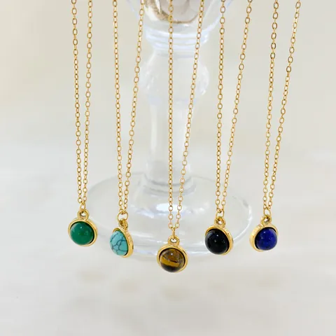 Women 18K Gold Plated 304 Stainless Steel Necklace Minimalist Round Natural Stone Pendant Fashion Jewelry For Daily Wear Gift