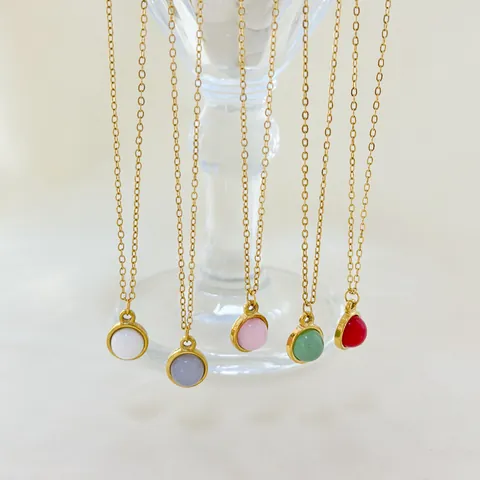 Women 18K Gold Plated 304 Stainless Steel Necklace Minimalist Round Natural Stone Pendant Fashion Jewelry For Daily Wear Gift