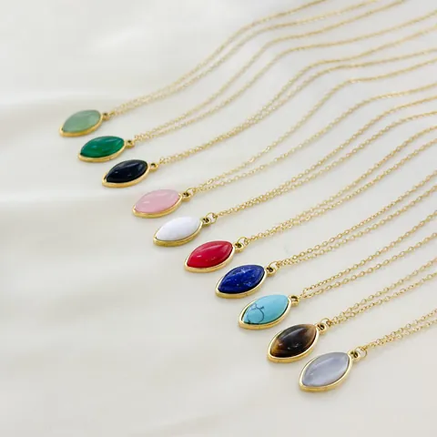 French Minimalist 304 Stainless Steel Marquise Natural Stone Pendant Necklace 18K Gold Plated Clavicle Chain Jewelry For Women
