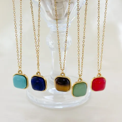 18K Gold Plated 304 Stainless Steel Natural Stone Square Pendant Necklace For Women Minimalist Geometric Jewelry Gift