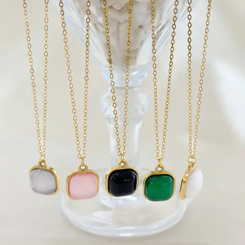 18K Gold Plated 304 Stainless Steel Natural Stone Square Pendant Necklace For Women Minimalist Geometric Jewelry Gift
