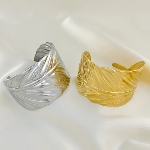 Vintage Exaggerated Feather Cuff Bracelet For Women 304 Stainless Steel 18K PVD Gold Plated Open Bangle Statement Jewelry