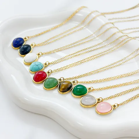 Vintage 304 Stainless Steel 18K Gold Plated Oval Natural Stone Pendant Necklace For Women Minimalist Waterproof Jewelry Gift