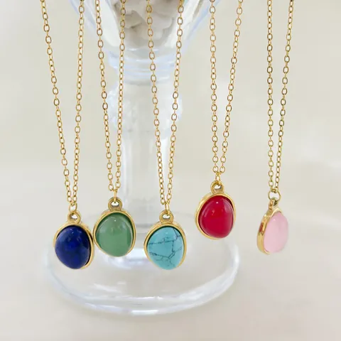 Vintage 304 Stainless Steel 18K Gold Plated Oval Natural Stone Pendant Necklace For Women Minimalist Waterproof Jewelry Gift
