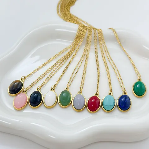 Vintage Stainless Steel Oval Natural Stone Pendant Necklace For Women 18K Gold Plated Agate Fashion Jewelry Gift